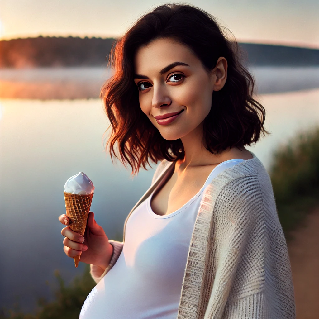 DALL·E 2025-01-14 00.06.51 - Close-up of a pregnant woman standing near a calm lake, smirking with a slightly raised eyebrow, holding an ice cream cone. The sunrise and misty wate